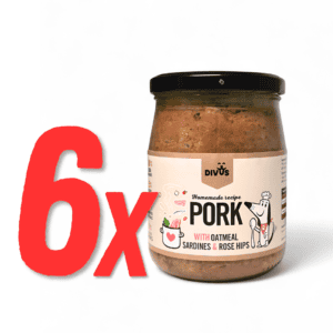 Hrană pentru câini la borcan - Porc cu ovăz, sardine și măceț